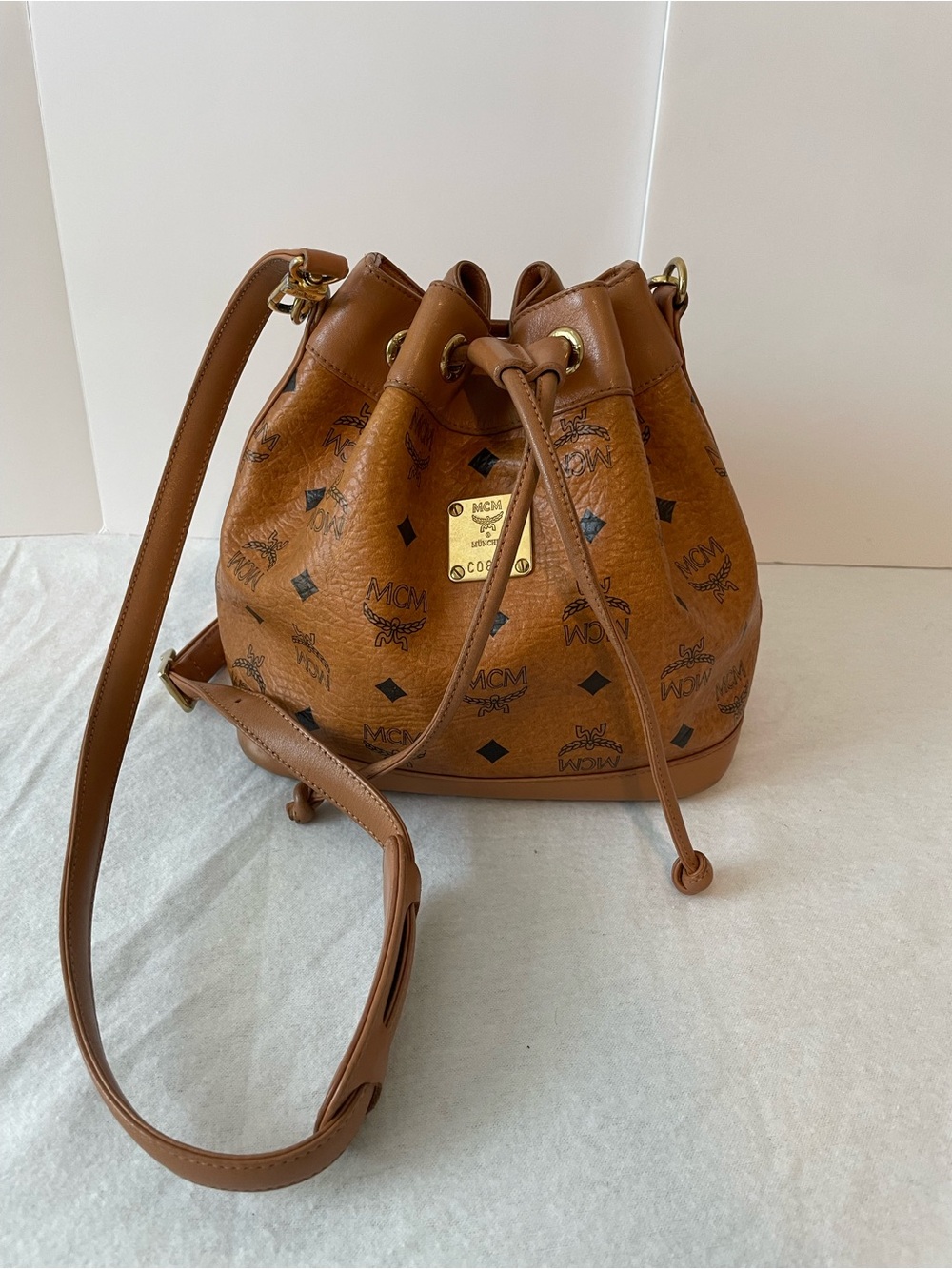 MCM Brown Logo Print Drawstring Bucket Bag w/ Detachable Strap Gold Hardware